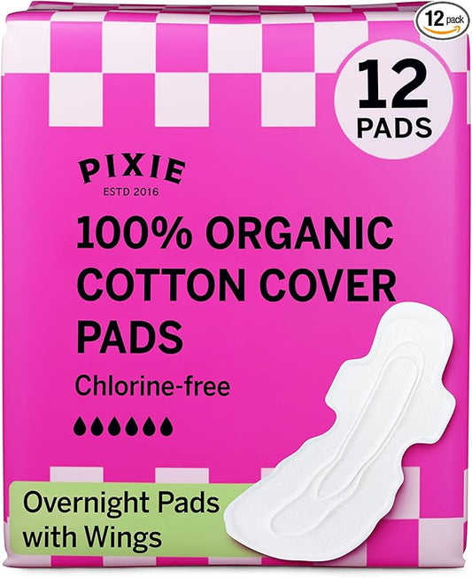 Pixie Organic Cotton Overnight Pads for Women - Extra Heavy Absorbency with Wings - Leak-Proof, Hypoallergenic & Unscented - Compostable, Biodegradable - 12 Count