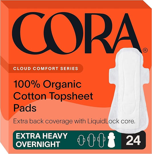 Cora 100% Organic Cotton Topsheet Pad | Ultra Thin Period Pads with Wings | Extra Heavy Overnight Absorbency | Unscented Ultra-Absorbent Sanitary Pads for Women (24 Count)