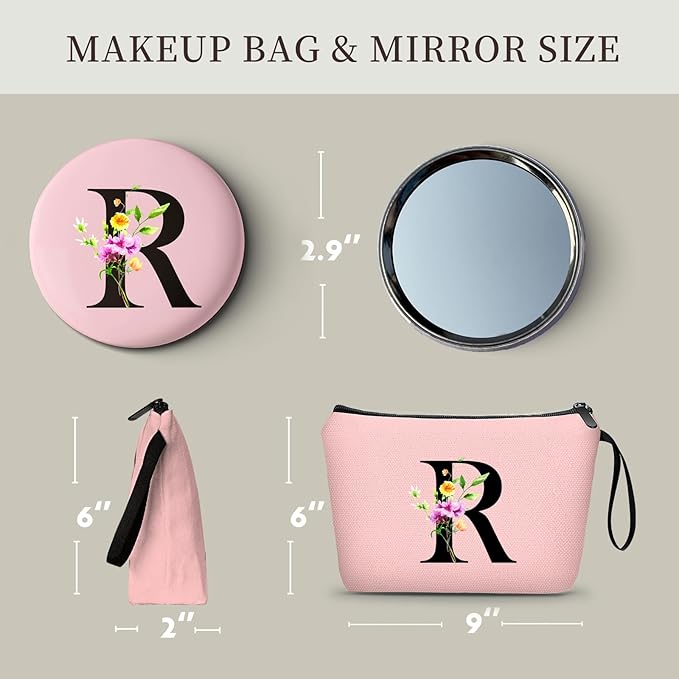 Women Birthday Maid of Honor Monogrammed Gifts for Bride Bridesmaid Sister Friend Her Teacher Makeup Cosmetic Bag with Mirror Mothers Day Christmas Graduation R