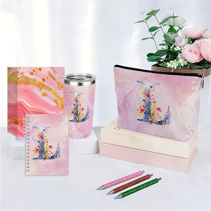 Personalized Gifts Monogrammed Birthday Gifts for Women, Mama New Mom Thanksgiving Wedding Christmas Initial 20 oz Tumbler, Makeup Bag Cup Pens Journal Notebook 6 Set, (Aesthetic Pink Flower L)
