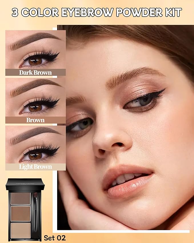 Eyebrow Powder Makeup Kit, 3 in 1 Eyebrow Kit, Brow Powder Palette Waterproof Long-Lasting, Dark & light Brown Series Brow Filler, Full Eyebrow Kit for Women, With Mirror, Brush & Razor Makeup Set 02