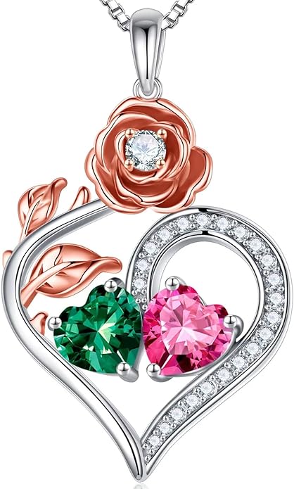 Iefil Rose Heart Birthstone Necklaces for Women - 925 Sterling Silver Double Birthstone Necklace, Anniversary Birthday Gifts for Women, Jewelry Gifts for Wife Her