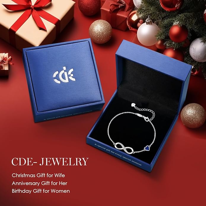 CDE Infinity Heart Birthstone Charm Link Bracelet for Women 925 Sterling Silver Adjustable Mother's Day Gift Anniversary Birthday Jewelry for Wife Girlfriend Her