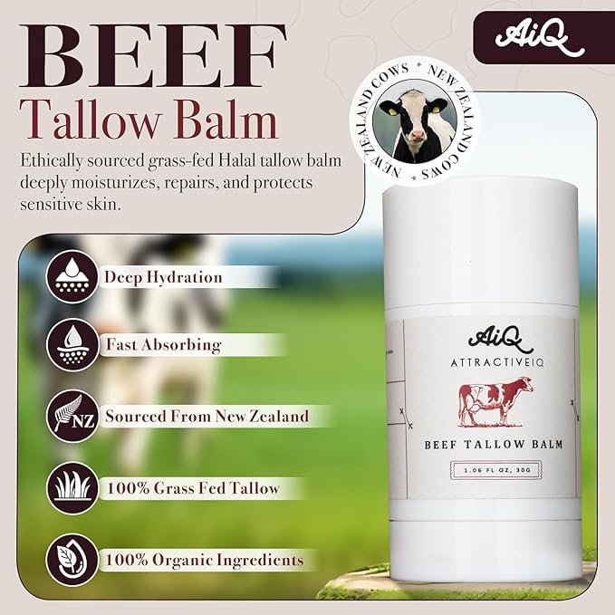 New Zealand Grass Fed Ethically-Sourced Beef Tallow for Skin– Stick with Vitamin E, Raw Honey, Olive Oil – Premium Ingredients & Cruelty-Free Tallow Face Moisturizer, Longevity & Firming - 30g