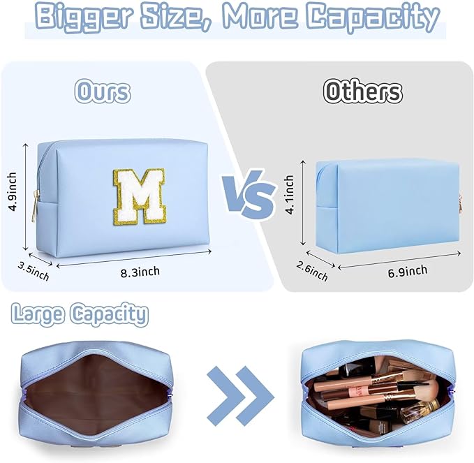 TOPEAST Cosmetic Travel Bags for Women, Preppy Small Makeup Bag, PU Leather Waterproof Toiletry Bag, Unique Friendship Gifts for Friends Coworker, Cute Stuff for Girls (Sky Blue R)