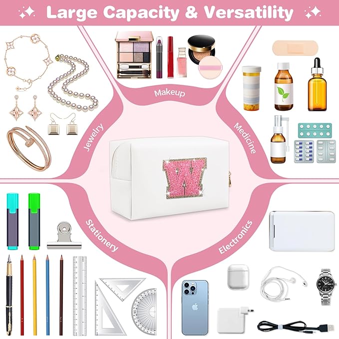 Small Initial Patch Makeup Bag Personalized Gifts Make Up Bag,White Cute PU Leather Glitter Letter Cosmetic Bag with Zipper,Trendy Portable Travel Toiletry Pouch,Preppy Stuff for Teen Girls Women W