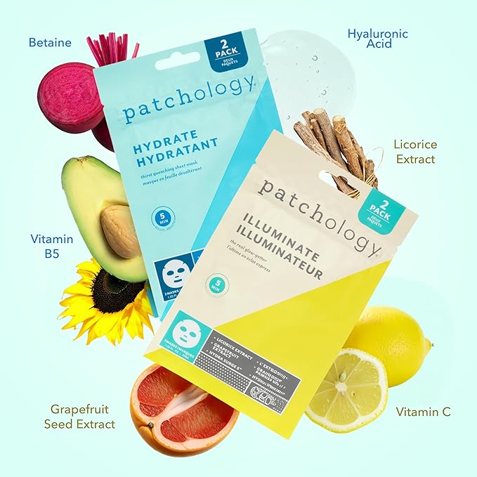 Patchology Hydrating Sheet Masks - Weekend Travel Skincare Essentials - Hyaluronic Acid Masks with Revitalizing Serum, Licorice Root Extract Skincare - Ultimate Hydration & Radiance (4 Masks)