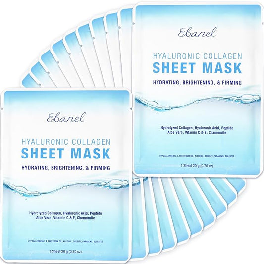 Ebanel 20 Pack Collagen Face Mask with Hyaluronic Acid, Vitamin C, Peptide, Aloe, Instant Brightening Hydrating Face Masks Skincare Korean Sheet Mask, Skin Firming, Lifting Anti Aging Facial Masks