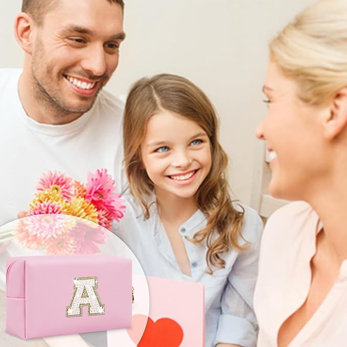 Small Personalized Initial A-Z Patch Makeup Bag,Pink Cute PU Leather Glitter Letter Cosmetic Bag for Teen Girls,Travel Toiletry Bag with Zipper,Preppy Monogrammed Birthday Gift for Daughter Niece A