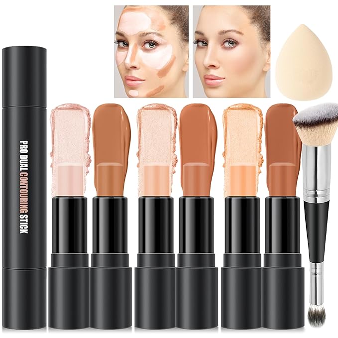6 Colors Cream Contour Stick Makeup Kit, Shades with Highlighter, Blush and Double-End Bronzer Contour Stick for Sculpt the Cheeks, Long Lasting, Waterproof, Matte & Dewy Finish (SET B)