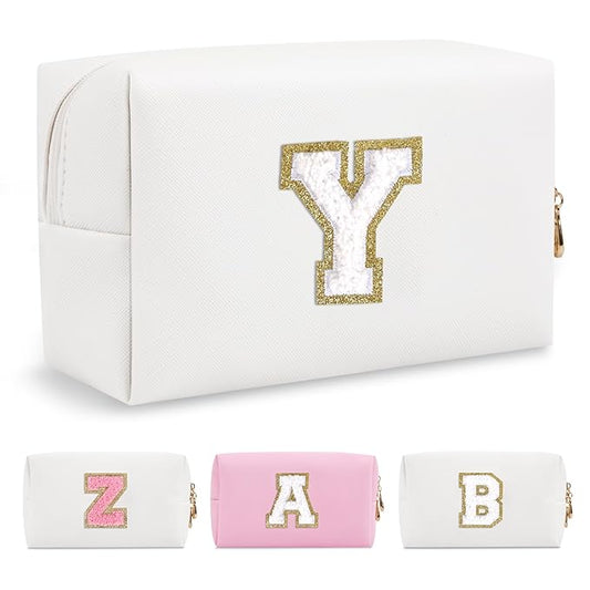 Small Personalized Initial A-Z Preppy Patch Makeup Bag,White PU Chenille Letter Travel Cosmetic Pouch with Zipper,Cute Toiletry Bag,Gift Ideal for Teen Girls Women Teacher Bridesmaid,Letter Y
