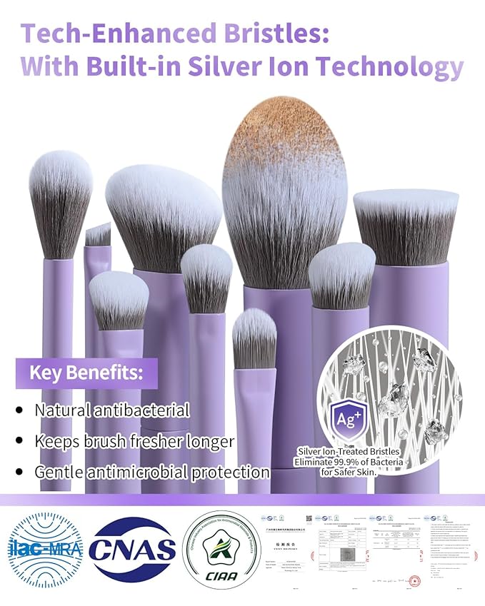 EIGSHOW Makeup Brushes Set, 15Pcs Professional Make Up Brush with Silver Ion Bristles for Foundation Powder Blush Highlighter Concealer Eyeshadow Eyeliner, Travel Gift Set (Matte Purple)