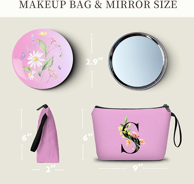 Women Birthday Unique Bride to be Bridal Shower Initial Gifts for Mom Sister Friend Her Teacher Aunt Makeup Cosmetic Bag with Mirror Mothers Day Christmas Graduation S
