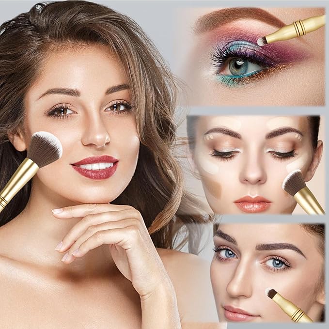 4 in 1 Makeup Brush Set - All in One Powder/Blush, Foundation, Blending & Eyeshadow Brushes, Compact & Travel Essential