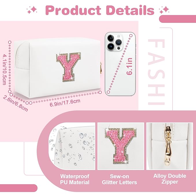Small Initial Patch Makeup Bag Personalized Gifts Make Up Bag,White Cute PU Leather Glitter Letter Cosmetic Bag with Zipper,Trendy Portable Travel Toiletry Pouch,Preppy Stuff for Teen Girls Women Y