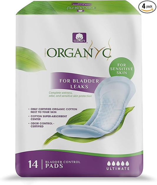 Organyc Certified Organic Cotton Pads for Incontinence, Certified Odor Control, Free from Perfumes, Dyes, Plastics, and Chemicals, FSA/HSA Eligible, Ultimate Flow, 14 Count(Pack of 4)