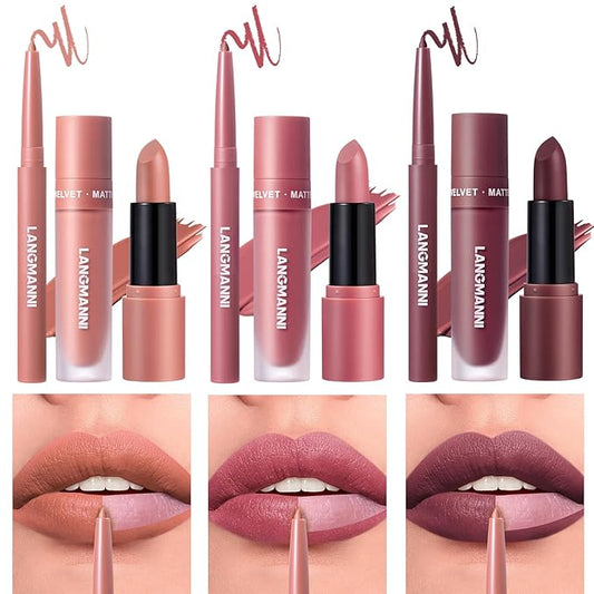 LANGMANNI 3 in 1 Matte Velvet Lipstick Set-Lip Liner,Lip Gloss and Lipstick Combo,Perfect for Natural Lip Contour,Waterproof And Longlasting Effect Lip Makeup,Unique Festival Gift (#02+04+06)