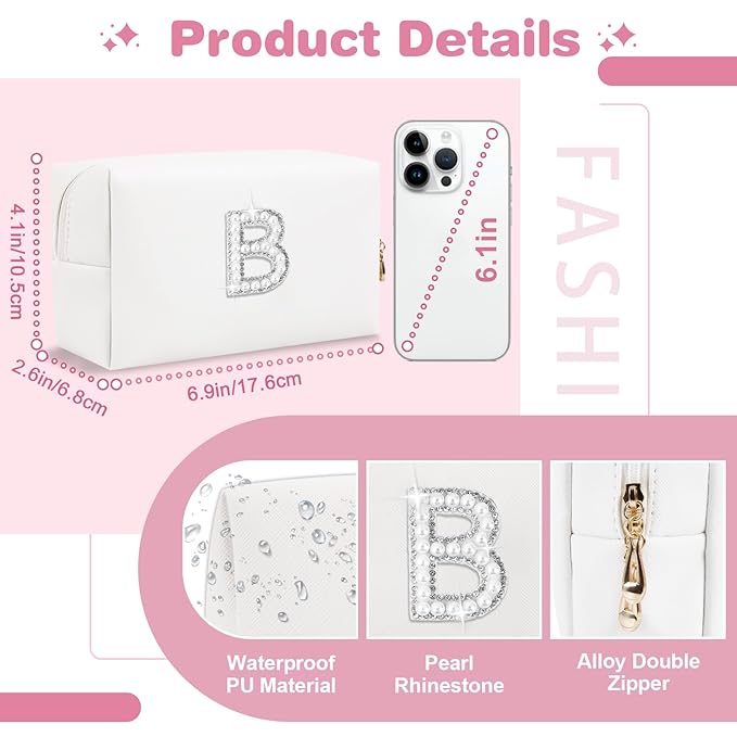 Bride Gifts – Personalized Initial Makeup Bag with Pearl Rhinestone Patch, Preppy White Monogram Cosmetic/Toiletry Pouch, bridesmaid Gifts, Bridal Shower Gifts, Wedding Gifts, Bridal Gifts,B