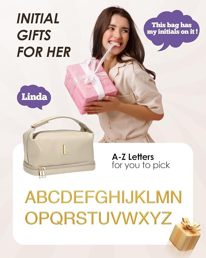 Personalized Makeup Bag, Initial Double Layer Cosmetic Bag with Makeup Brush Organizer, Waterproof, Large Capacity PU Leather Travel Toiletry Bag Retirement Gifts, Daughter Gifts