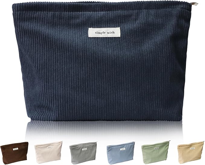 Wudygirl Cosmetic Bags for Women,Travel Makeup Bag,Aesthetic Women Handbags Purses,Large Capacity Corduroy Toiletry bag Zipper Pouch(Navy Blue)