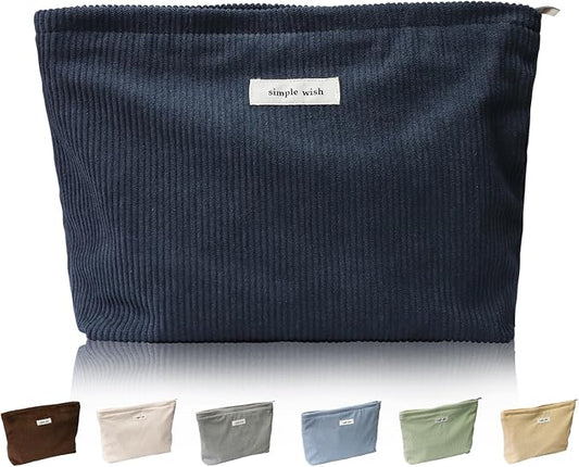 Wudygirl Cosmetic Bags for Women,Travel Makeup Bag,Aesthetic Women Handbags Purses,Large Capacity Corduroy Toiletry bag Zipper Pouch(Navy Blue)