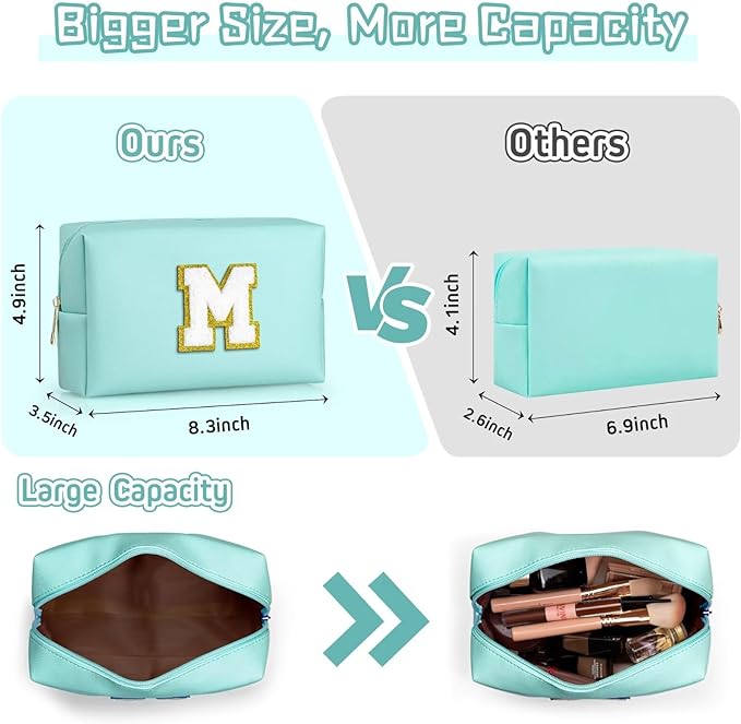 TOPEAST Preppy Small Makeup Bag, Chenille Letter Pouch Cosmetic Bag With Zipper, PU Leather Waterproof Toiletry Bag, Personalized Birthday Gift for Women, Cute Stuff for Girls (Blue D)