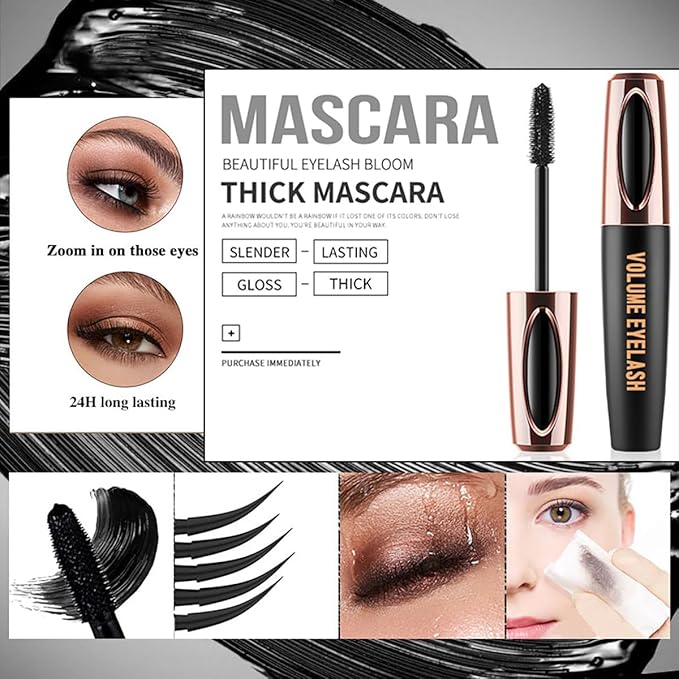 4D Silk Fiber Lash Mascara Extension Voluminous Mascara Waterproof & Smudge-Proof Long-Lasting 24 Hours No Flaking Longer Thicker Eyelashes,All Day Exquisitely Full (4 Packs)