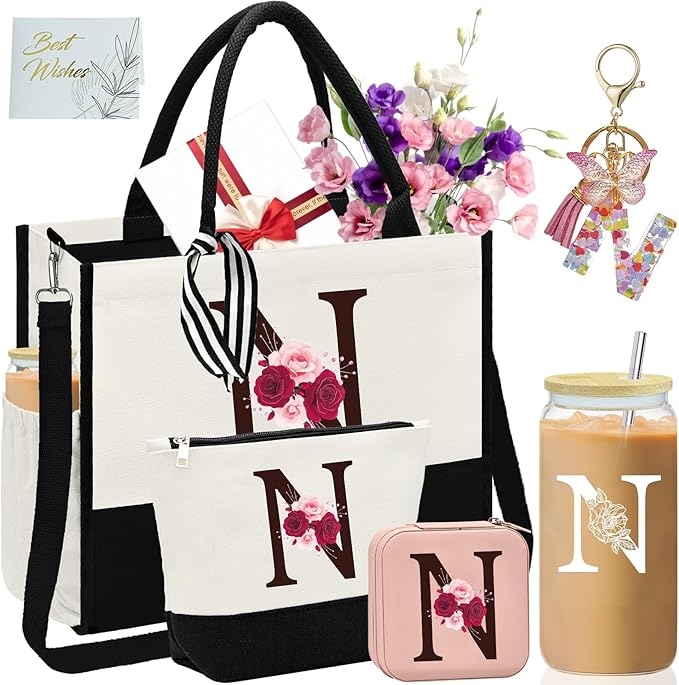 Birthday Gifts for Women,Initial Canvas Tote Bag,Monogrammed Gift for Women,16oz Initial Glass Cup,Makeup Bag with Zipper,Jewelry Organizer Box,Personalized Gifts for Mom-N
