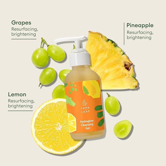 LUMA & LEAF Hydraglow Brightening Face Wash with Hyaluronic Acid | Gentle Daily Exfoliating Gel Cleanser for Dull Skin & Dark Spots | For All Skin Types | 3.8 fl oz