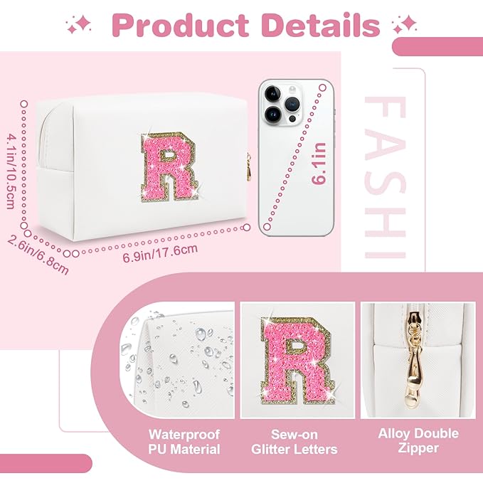 Small Personalized Initial A-Z Patch Makeup Bag,White Cute PU Leather Glitter Letter Cosmetic Bag for Teen Girls,Travel Toiletry Bag with Zipper,Preppy Monogrammed Birthday Gift for Daughter Niece R