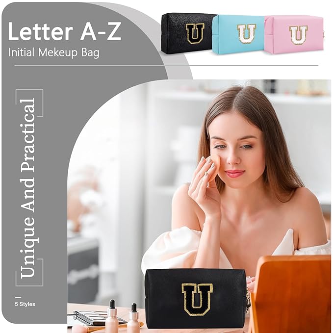 Personalized Initial A-Z Preppy Patch Makeup Bag,Small PU Chenille Letter Cosmetic Bag with Zipper for Teen Girls,Black Cute Toiletry Organizer Bag,Monogram Makeup Case Gift for Women Girls,Letter U