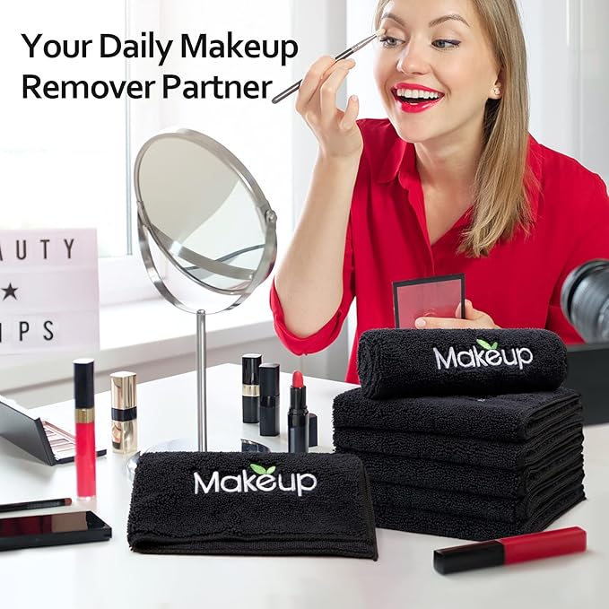 Orighty Makeup Remover Wash Cloths - Super Soft & Quick Dry Microfiber Face Towel, Absorbent Washcloths for Cleansing, Fingertip Face Towels for Makeup Removal, 13 x 13 inch, Pack of 12, Black