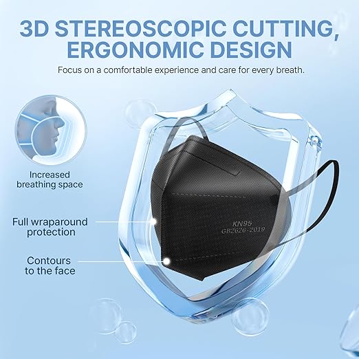 YUAKOU KN95 Protective Face Masks 50pcs, Breathable Comfortable, Disposable Individually Wrapped,5-Ply Protection KN95 Adults Mask Black