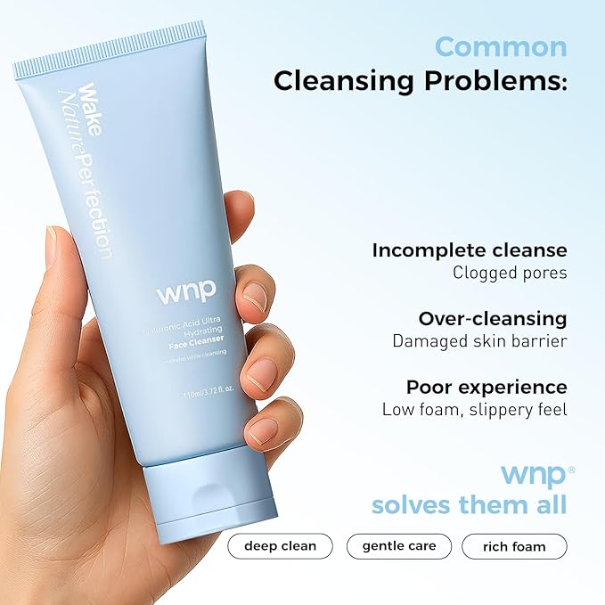 WNP Hyaluronic Acid Ultra-Hydrating Gentle Face Cleanser 50% Amino Acid, 4D Hyaluronic Acid, Ceramide & Centella Asiatica Gentle Daily Facial Wash for Dry & Sensitive Skin Vegan SkinCare