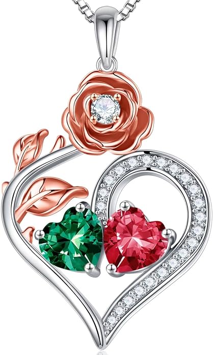Iefil Rose Heart Birthstone Necklaces for Women - 925 Sterling Silver Double Birthstone Necklace, Anniversary Birthday Gifts for Women, Jewelry Gifts for Wife Her