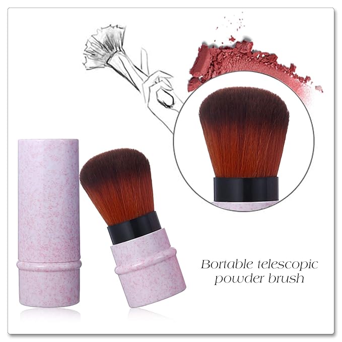 Vtrem 4 Colors Kabuki Makeup Brush Retractable Blush Brushes Premium Foundation Brush Travel Kit for Mineral Powder, Contouring, Cream, Liquid Cosmetics, Pink/Blue/White/Purple
