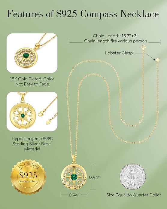 S925 Necklace Gift for Wife |Compass Jewelry |Women Anniversary |Sterling Silver |Girlfriend Birthday Gifts for Her Valentines |I'd be Lost without You |Jewel 18K Gold