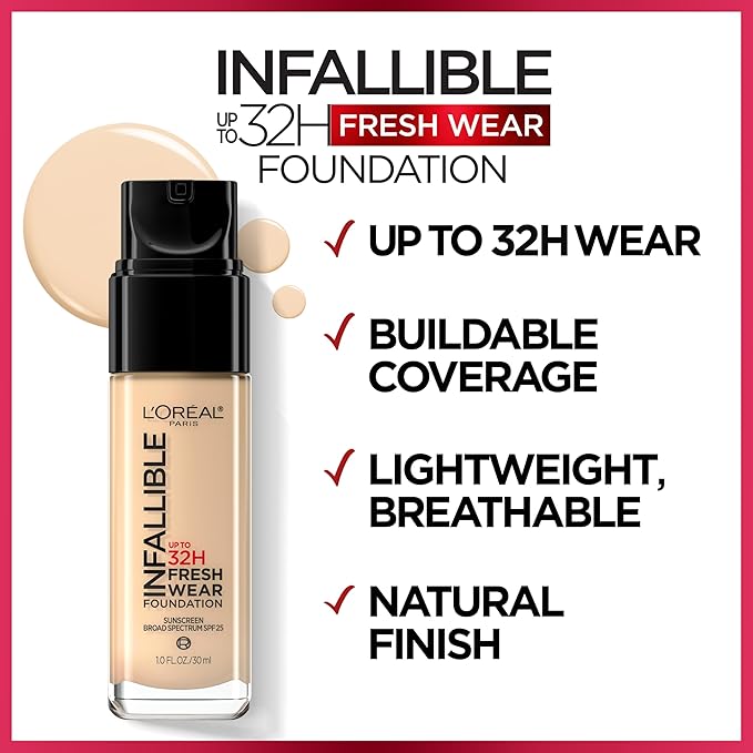L'Oreal Paris Makeup Infallible Up to 32 Hour Fresh Wear Lightweight Foundation, 540 Mahogany, 1 Fl Oz, Packaging May Vary