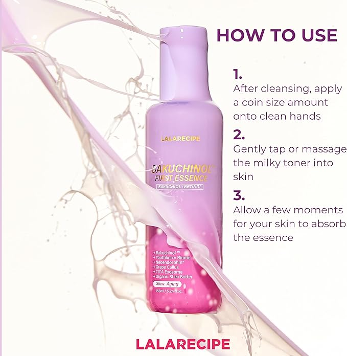 Bakuchiol First Essence – Hydrating Milky Korean Toner with Retinol Liposome, Shea Butter & Peptides – Vegan Skincare for Wrinkle Care & Elasticity (5.24 fl oz)