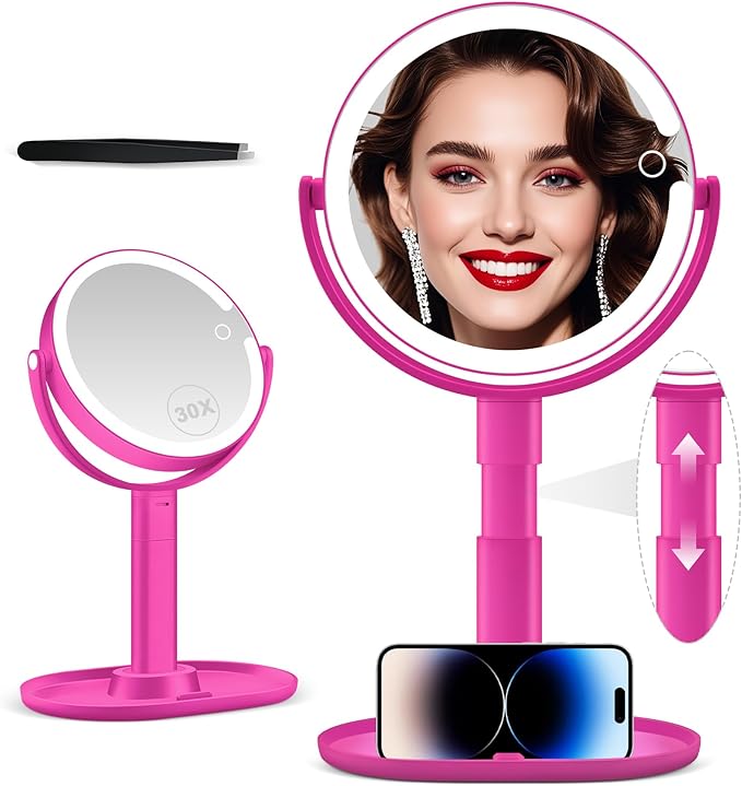 MIYADIVA Makeup Mirror with Lights, 30X Magnifying Mirror with Light and Touch Switch, Vanity Mirror with 3 Color Light and 80 LEDs, Height Adjustable Desk Mirror with Lights, Hot Pink
