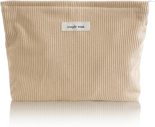 Wudygirl Makeup Bag Corduroy Cosmetic Bag for Women Large Capacity Makeup Pouch Travel Toiletry Bag Portable Makeup Organizer Zipper Handbag Pouch (Khaki)