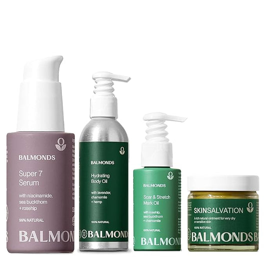 Balmonds Ultimate Skincare Set – Rosehip Scar Oil, Bath & Body Oil, Skin Salvation Balm & Super 7 Serum – 100% Natural, Vegan & Cruelty-Free – Hydrating & Nourishing for Dry, Sensitive & Fragile Skin