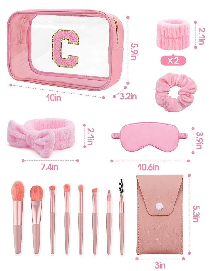 Gift Sets for Women, Initial Makeup Bag with Makeup Brush Set Bachelorette Party Favors, Pink Spa Kit with Skincare Headbands Wrist Bands Sleepover Party Supplies Gifts for Teen Girls Bridesmaid C