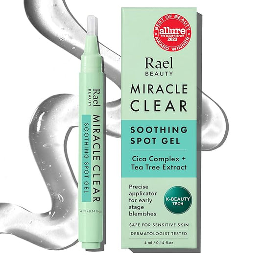Rael Acne Spot Treatment, Miracle Clear Soothing Spot Gel Pen - Acne Gel, Pimple and Blemish Treatment, Korean Skincare, for Early Stage, Succinic Acid, Tea Tree, Cica, Vegan, Cruelty Free (0.14 oz)