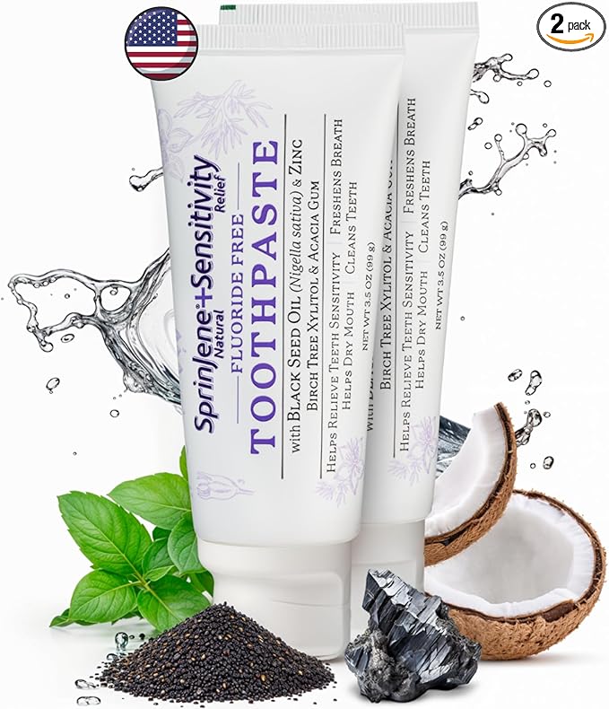 SprinJene Fluoride Free Toothpaste - Patented Natural Toothpaste with Black Seed Oil & Zinc - Made in The USA - Vegan Non Fluoride for Fresh Breath Preservative Free (2 Pack)