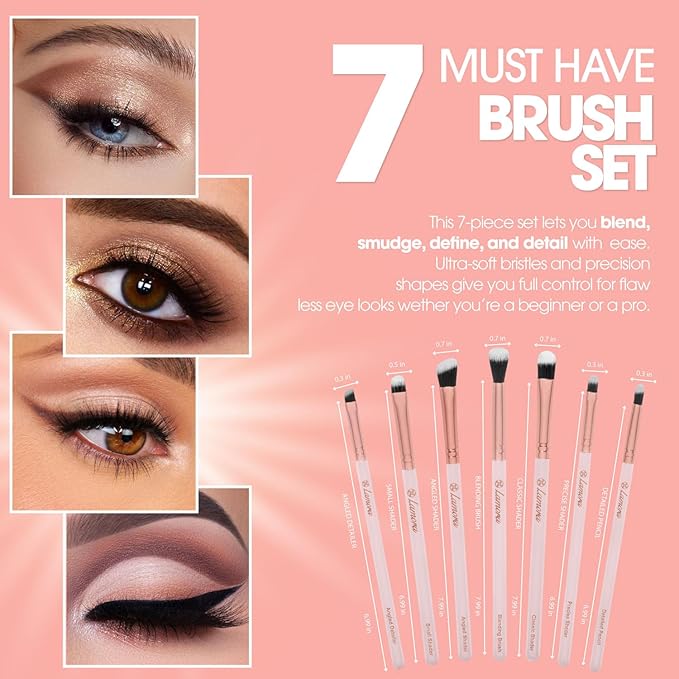 Lamora Eyeshadow Brush Set - Precision Eyeshadow Brushes For Blending Smudging Shading Defining Powdered and Liquid Eye Make-Up - 7Pc Pro Eye Makeup Brushes With Vegan Bristles