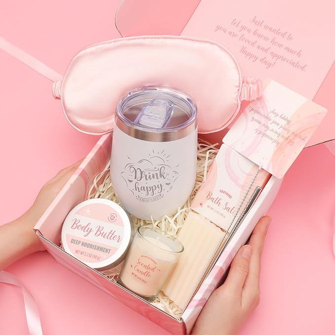 Bath and Body Gift Set for Women, 8 Pcs Rose Spa Set Presents for Women, Self Care Kit Includes Wine Tumbler, Sleep Eye Mask and More Birthday Gifts for Her,Christmas Presents for Her