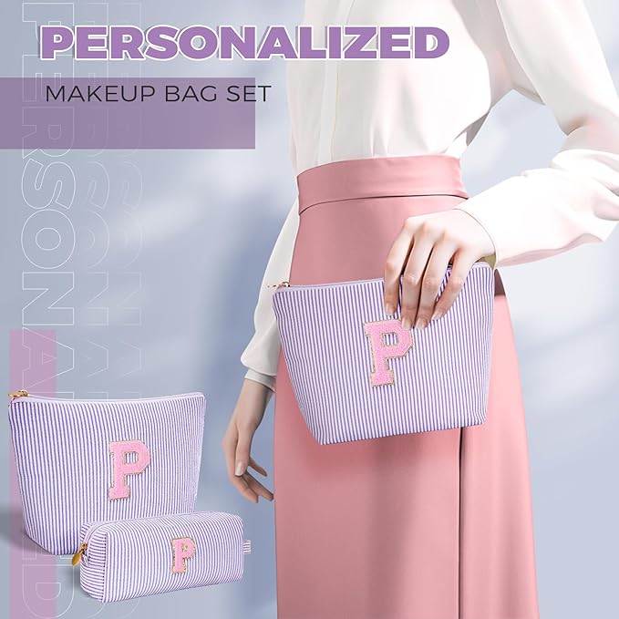 Personalized Makeup Bag for Women Girls - Fashion Cosmetic Bag Trendy Travel Toiletry Bag with Initials Letter - Teen Gifts - Lavender,P