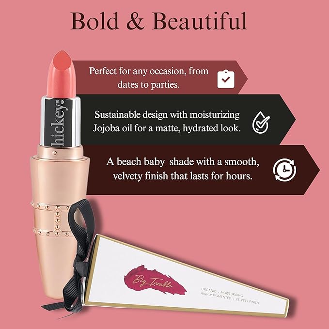 Hickey Lipstick for Women, Organic Beach Babe Coral Refillable Lipstick - Hydrating & Moisturizing Long Lasting Lipstick - Vegan & Gluten-Free with Velvet Finish - Highly Pigmented, Smooth & Creamy