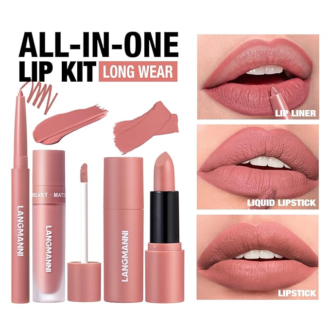 LANGMANNI 3 in 1 Matte Velvet Lipstick Set-Lip Liner,Lip Gloss and Lipstick Combo,Perfect for Natural Lip Contour,Waterproof And Longlasting Effect Lip Makeup,Unique Festival Gift (#06, Pack of 1)